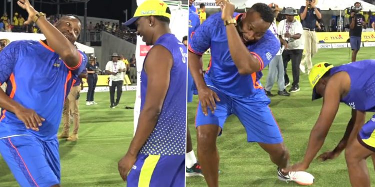 MLC 2023: After MI New York defeated TSK, Kieron Pollard performed Dwayne Bravo's "airplane" celebration. 1 MLC 2023: After MI New York defeated TSK, Kieron Pollard performed Dwayne Bravo's "airplane" celebration.