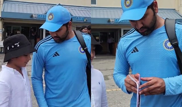 Before the second Test in Trinidad, Rohit Sharma and a little fan enjoy a touching moment during "It's Between You and Me." 1 Before the second Test in Trinidad, Rohit Sharma and a little fan enjoy a touching moment during "It's Between You and Me."