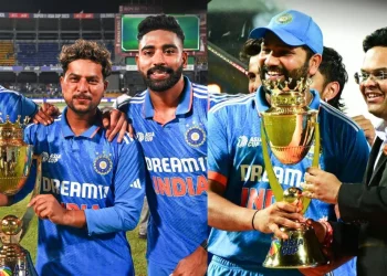 As India won its eighth title, Mohammed Siraj presented the Asia Cup trophy to whom?