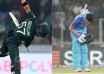 Abdullah Shafique celebrates his first ODI ton like Shubman Gill did at the CWC in 2023.