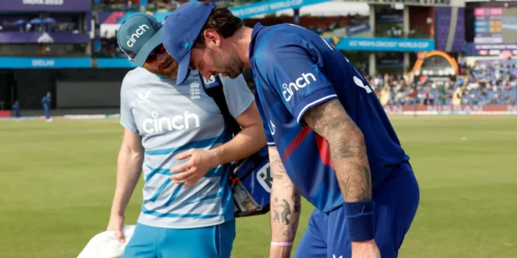 Reece Topley sustains a finger injury during South Africa's match at the ODI World Cup in 2023. 1 Reece Topley sustains a finger injury during South Africa's match at the ODI World Cup in 2023.