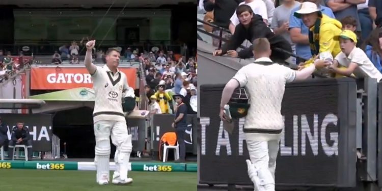 David Warner says goodbye to MCG and gives a young fan in the stands gloves during Australia vs. Pakistan. 1 David Warner says goodbye to MCG and gives a young fan in the stands gloves during Australia vs. Pakistan.