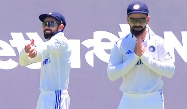 Day 1 of the second test between India and South Africa sees Virat Kohli greet Keshav Maharaj in the Dhanush posture of Lord Rama. 1 Day 1 of the second test between India and South Africa sees Virat Kohli greet Keshav Maharaj in the Dhanush posture of Lord Rama.