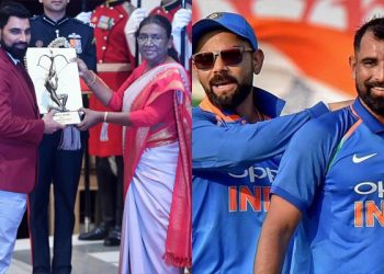 Virat Kohli and others greet Mohammed Shami after he receives the prestigious Arjuna Award.