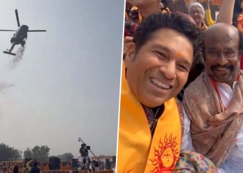 Rajnikanth and Sachin Tendulkar share a moment during the consecration ceremony of the Ram Temple.