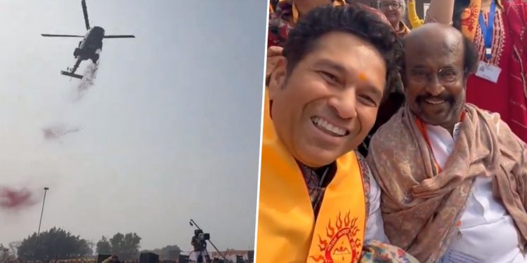 Rajnikanth and Sachin Tendulkar share a moment during the consecration ceremony of the Ram Temple. 1 Rajnikanth and Sachin Tendulkar share a moment during the consecration ceremony of the Ram Temple.