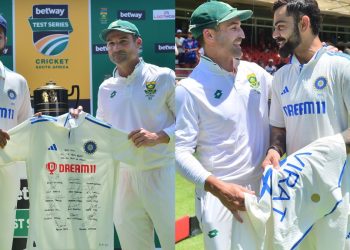 Dean Elgar is leaving after receiving signed jerseys from Virat Kohli and Rohit Sharma.