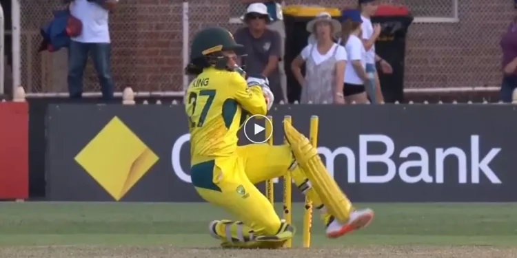 In one ball, Alana King hits a six and is stumped; the video becomes popular. 1 In one ball, Alana King hits a six and is stumped; the video becomes popular.