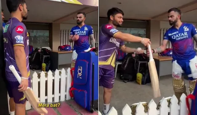 IPL 2024: After shattering the first bat, Rinku Singh asks Virat Kohli for another 1 IPL 2024: After shattering the first bat, Rinku Singh asks Virat Kohli for another