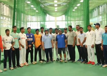 In a specialized session, Mushtaq Ahmed imparts knowledge to sixteen young leg-spinners.