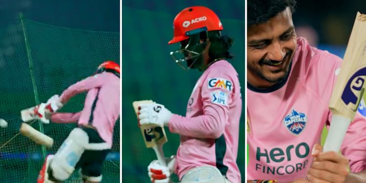 [Watch] IPL 2025: KL Rahul's bat breaks during practice, and Axar Patel jokes