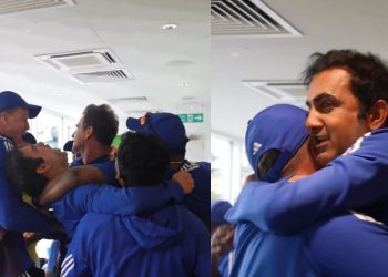 Gautam Gambhir lifted by Morne Morkel during dressing room celebrations after Oval victory