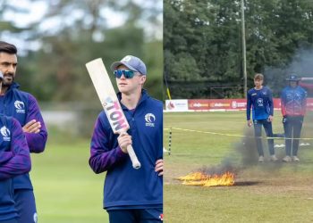 Ground staff burns pitch after rain in Namibia vs Scotland WC League 2 match