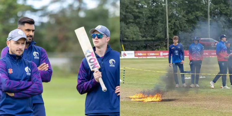 Ground staff burns pitch after rain in Namibia vs Scotland WC League 2 match 1 Ground staff burns pitch after rain in Namibia vs Scotland WC League 2 match
