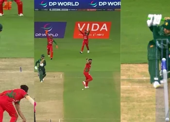 Saim Ayub out for golden duck, Oman strike early